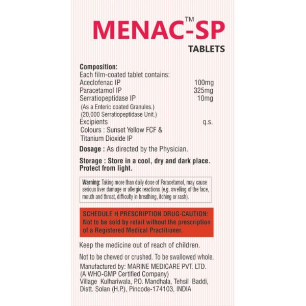 Menac- SP - Aceclo 100mg + PCM 325 mg +Serratio 10mg Tab-(10Tab) - Image 2