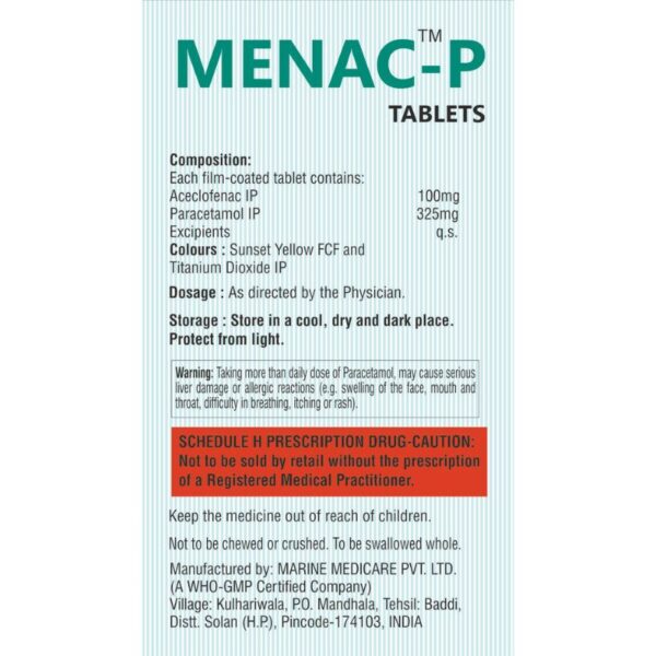 Menac- P - Aceclo 100mg + PCM 325mg Tab-(10Tab) - Image 2